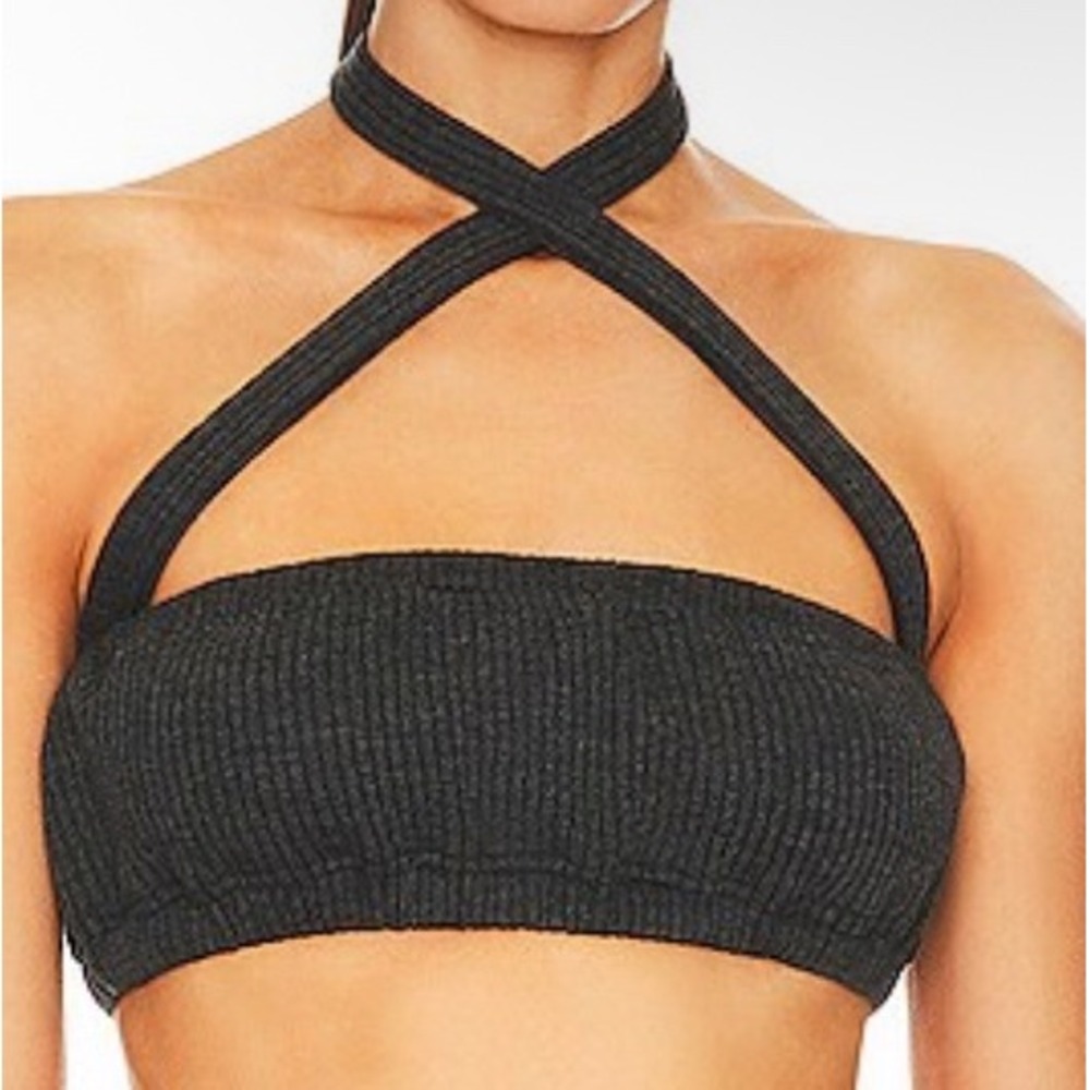 WEWOREWHAT‎ Tie Halter Bra Top XL Black Ribbed Knit Minimalist Summer Festival